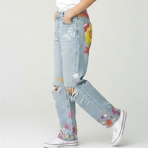 H&M Denim Hand Painted Distressed Jeans Light Wash High Waist Loose‎ Straight 2